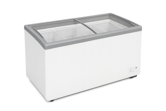White commercial ice cream display freezer with transparent lid on transparent background