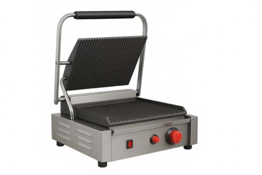 Professional contact grill with open lid on transparent background