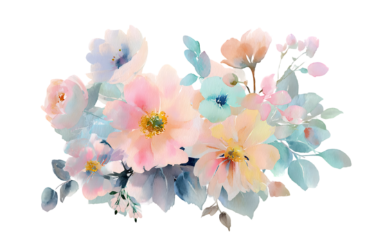 Beautiful watercolor pastel floral bouquet painting artwork design soft on transparent background