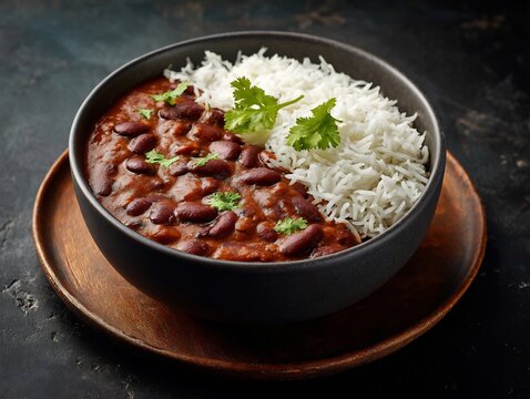 Bowl of rajma curry steamed basmati rice garnished with coriander North Indian staple comfort food appetizing photography
