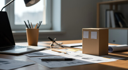 office desk setup with laptop, box, and graphs in warm lighting. creative workspace featuring design tools and paperwork for planning projects, ideal for business or education themes