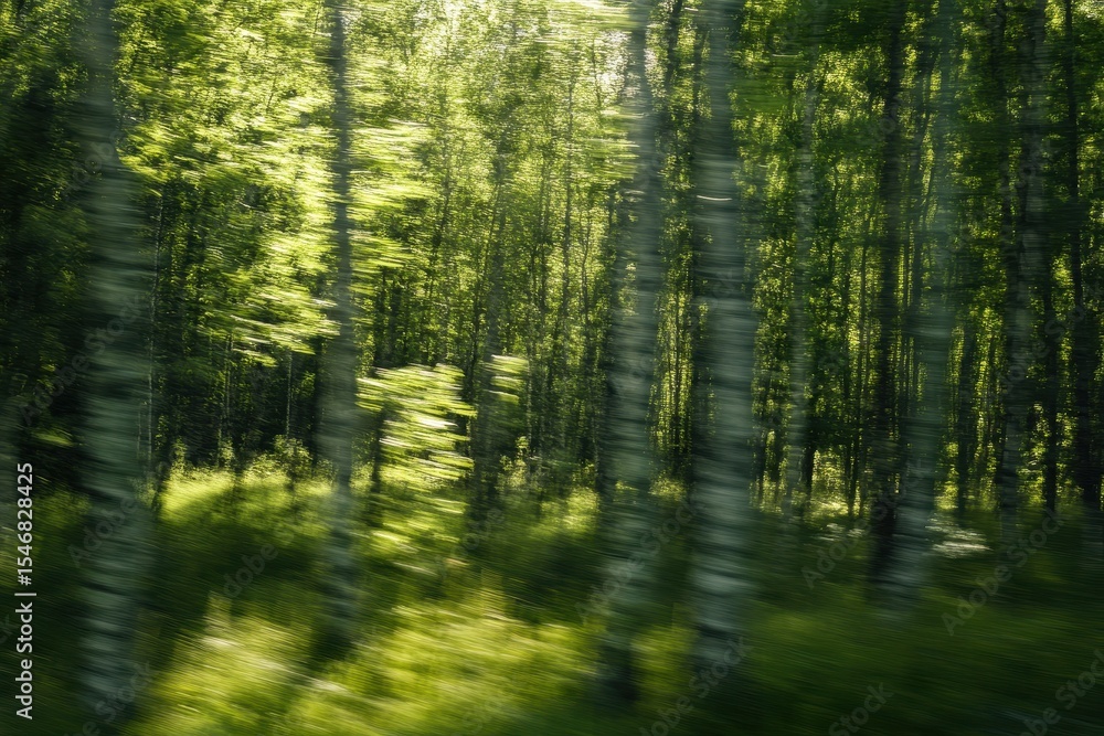 Poster sunlight filters through swaying trees in a summer forest under a gentle breeze, summer forest trees