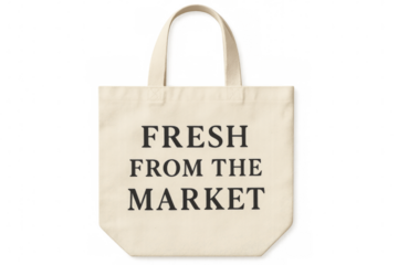 Reusable shopping bag promoting fresh products from the market with transparent background