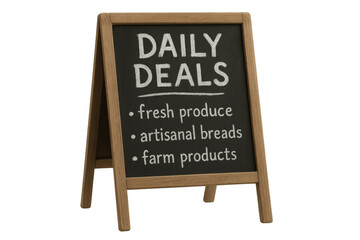 Wooden chalkboard sign displaying daily deals with transparent background
