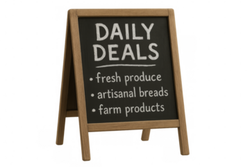 Wooden chalkboard sign displaying daily deals with transparent background