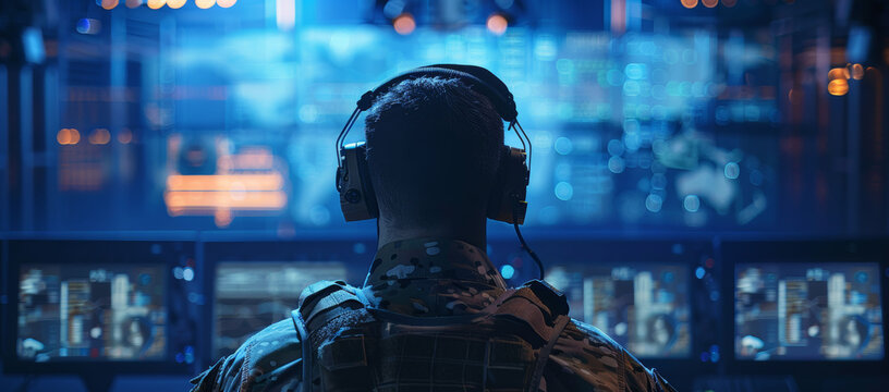 Soldier in headphones, control room, screens, blue lights, back view, tech style.