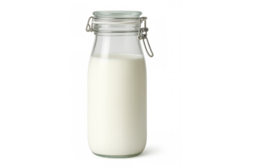 Glass milk bottle swing top full of milk on transparent background