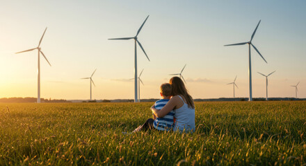 mother and child sit together in grassy field with wind turbines at sunset, showcasing renewable energy and family connection. encompasses sustainability, nature, and future hopes