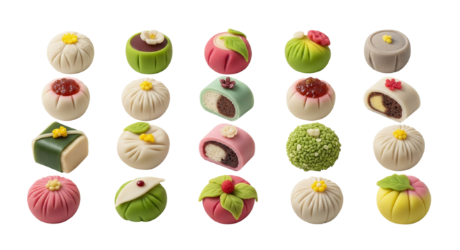 Colorful Korean Songpyeon Rice Cakes Isolated on Transparent Background. Korean food