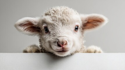 Fototapeta premium Adorable baby lamb portrait photography close up of cute animal face fluffy wool farm animal pet photography
