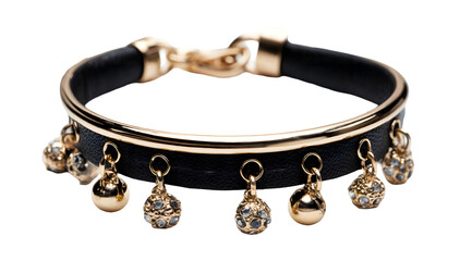 Elegant black leather bracelet with gold accents and sparkling crystals on transparent background