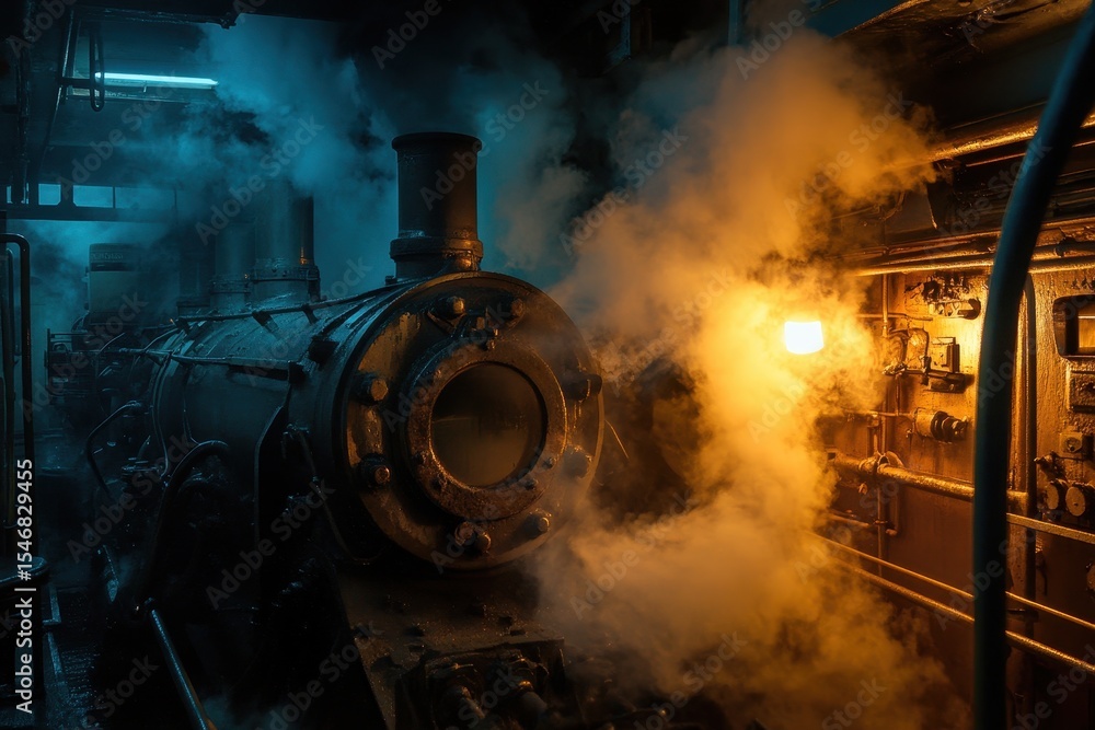 Poster steaming engine room illuminated by flashing light reveals intricate machinery and steam dynamics, s