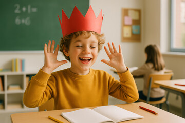 child wearing paper crown in classroom expressing happiness and imagination. school setting with teacher in background. creative learning environment, joy of education captured.