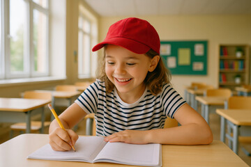 smiling young girl in classroom wearing red cap and striped shirt writes in notebook. bright natural light through windows. school education and creativity concept.