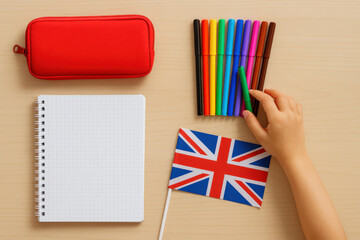 Fototapeta premium school supplies featuring notepad, colorful markers, pencil case, and british flag on wooden desk. child's hand reaching for green marker adds educational and creative touch