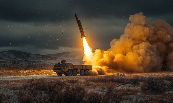 THAAD missile system launches to intercept ballistic threat in open terrain
