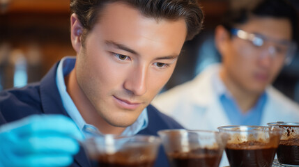 Cupping session in a coffee factory lab with professionals tasting and grading brewed coffee samples for aroma, flavor, and balance coffee cupping, coffee tasting lab, coffee flavo