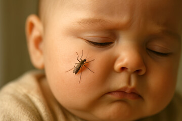 Obraz premium baby with mosquito on cheek highlights vulnerability to insect bites and importance of protection. close-up reveals sleeping infant's face, emphasizing delicate skin and pest concern