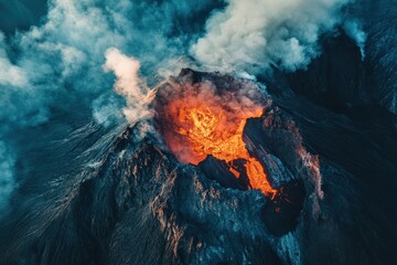 Merapi Volcano erupts spectacularly with lava and ash billowing into the sky over Indonesia, Aerial Shot Of Merapi Volcano Erupting Volcanic Smog Indonesian active volcano drone shot
