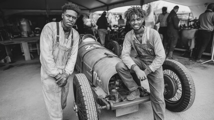 Smiling young vintage race mechanics with classic 1920s car, black and white portrait