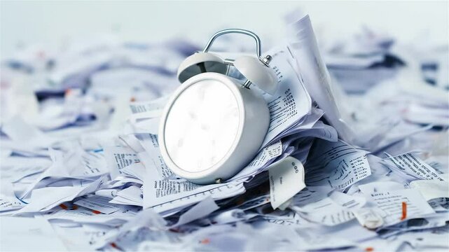 Overwhelmed by paperwork, a ticking clock symbolizes urgency and the need for organization in a chaotic environment filled with scattered documents