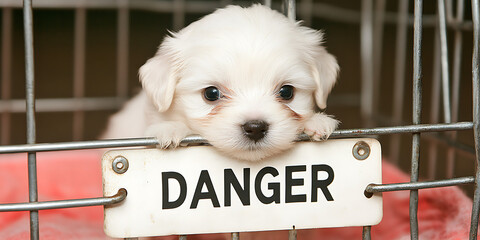Fluffy white puppy behind cage bars with a "DANGER" sign attached. The cute puppy is looking directly at the camera, creating an intriguing contrast.