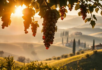 Sunlit Grapes and Rolling Tuscan Hills at Golden Hour
