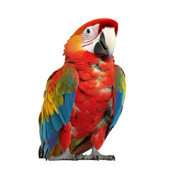 Obraz premium Vibrant Scarlet Macaw Perched Gracefully, Showcasing Colorful Feathers Against a Simple Background