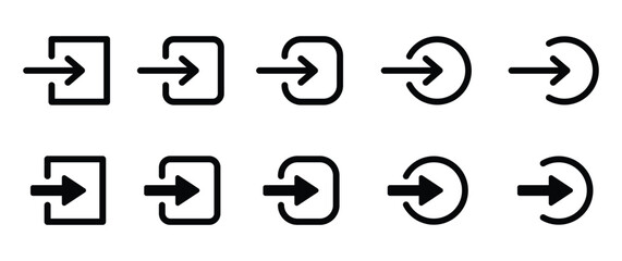 arrow login icon set, login icon in trendy flat style, black and white entrance arrow icon, Doorway entrance sign. login icons. Set of sign in.