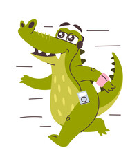 Cute cartoon crocodile listening music