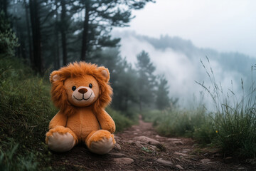 A plush lion left alone on a foggy mountain path, morning mist surrounding him, thick pine forest in the background, soft diffused light.