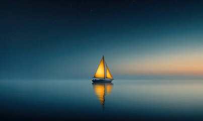 Glowing sailboat floats alone under a starry night sky, reflecting on calm ocean waters
