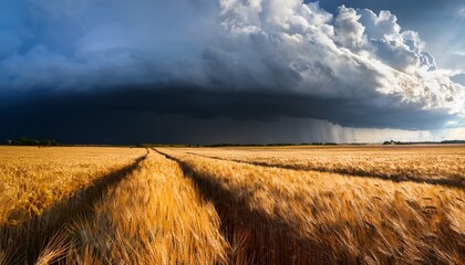 big wheat field and thunderstorm
