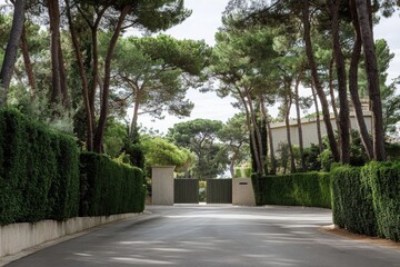 A picturesque tree-lined driveway gracefully guides you to a stunning entrance, beautifully framed by lush greenery on a bright, sunny day