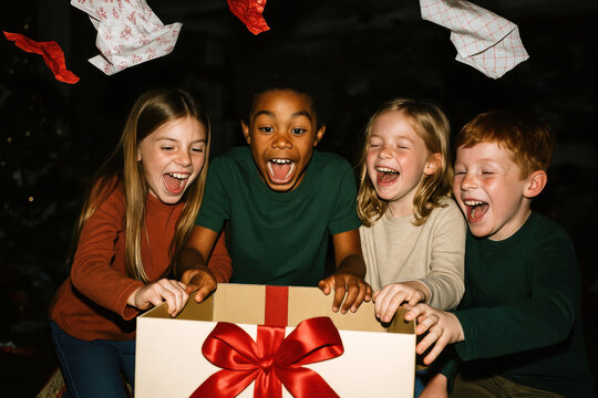 excited children with christmas gift box. four kids joyfully open present together, festive atmosphere, colorful wrapping paper flying, capturing pure childhood happiness and holiday magic
