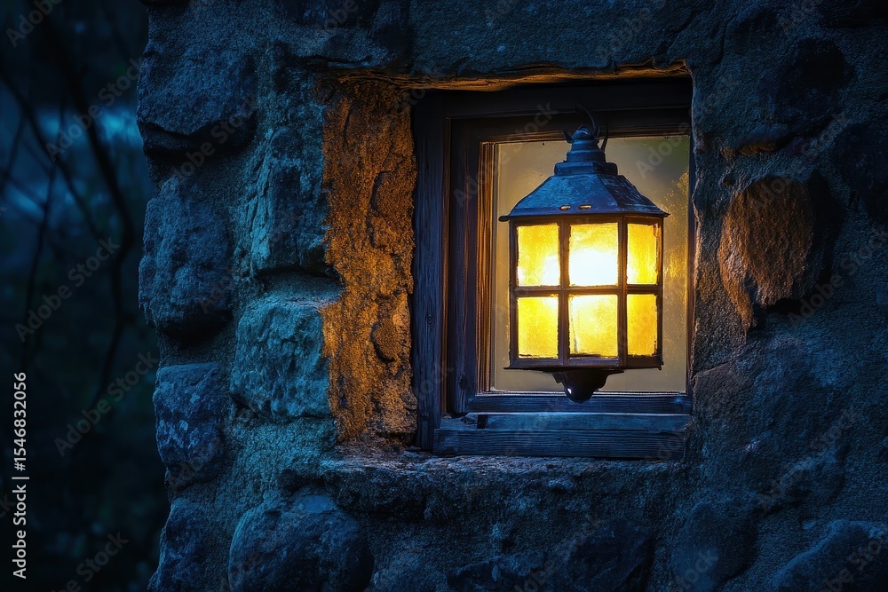 Poster rustic lantern illuminates an old window frame in a tranquil evening setting, rustic lantern illumin