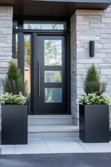 Modern entrance featuring sleek black door, stylish stone wall, and elegant planters adorned with lush greenery in a bright suburban neighborhood during daylight