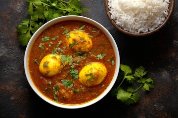 Bowl of spicy Indian egg curry garnished coriander served with steamed rice rich gravy authentic home style dish