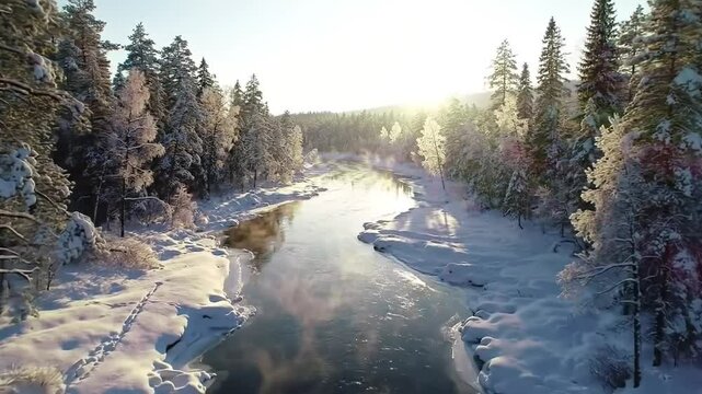 Frozen River Landscape Flows Through A Snowy Forest At Winter Sunrise