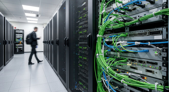 data center interior with man examining server racks and vibrant network cables. high-tech environment showcases infrastructure management, it operations, and digital connectivity solutions