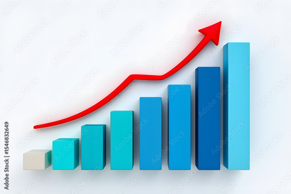 Poster upward trajectory a bar graph with ascending blue columns and a red arrow indicates growth and progr