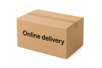 Sealed cardboard box with online delivery text isolated on transparent background, perfect for e-commerce and shipping visuals