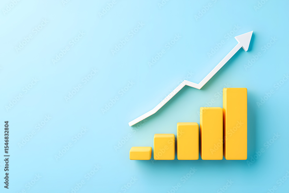Poster optimistic yellow bar graph with ascending white arrow on light blue background, illustrating positi
