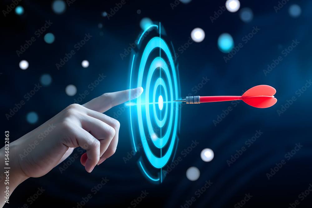 Poster precision targeting with digital dartboard and hand pointing for online marketing success and custom