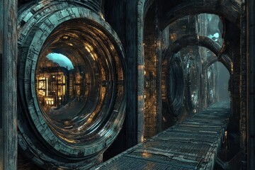 Naklejka premium Exploration of a futuristic industrial hollow world with intricate fractal structures and dynamic zoom effects, Sci fi industrial hollow worlds fractal fast zoom 3d
