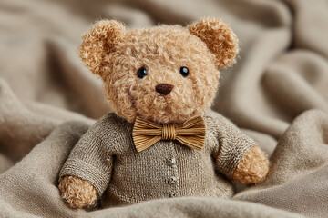 organic fabric teddy bear, soft texture, warm beige tone, isolated on neutral background, eco-friendly materials, 
