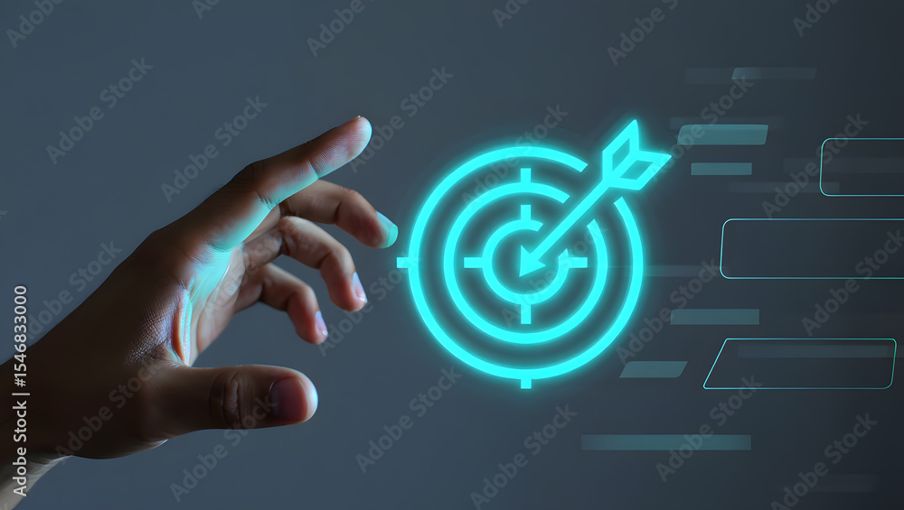 Poster focus on objectives a conceptual image of a hand reaching towards a glowing target with an arrow hit