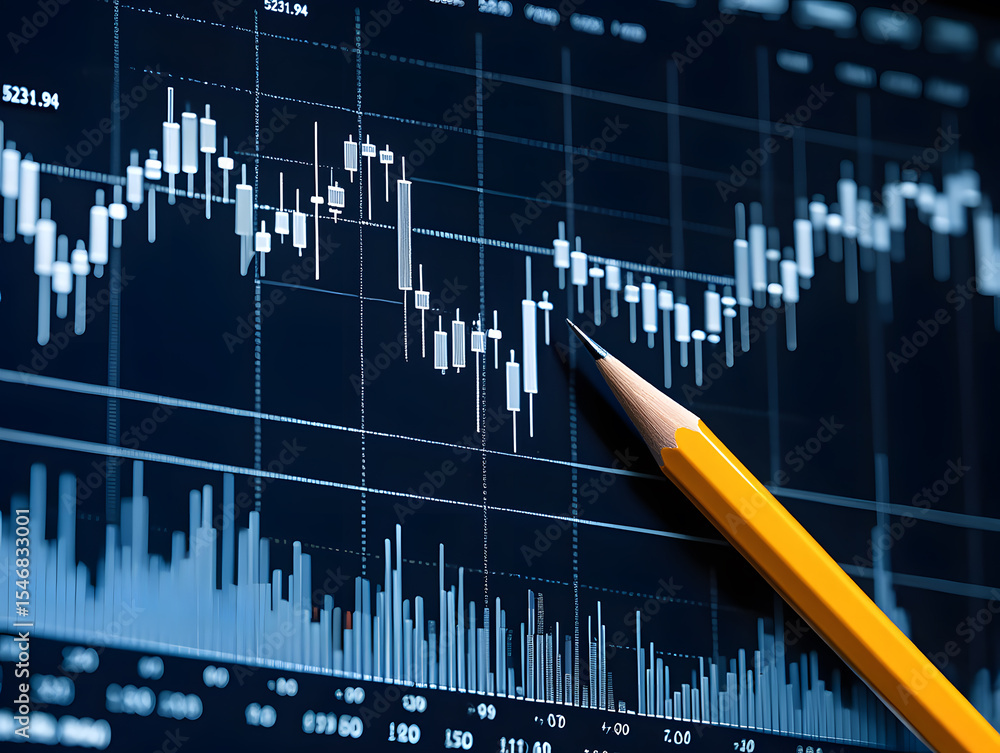Poster analyzing market trends a detailed view of a stock chart with candlestick patterns and a yellow penc
