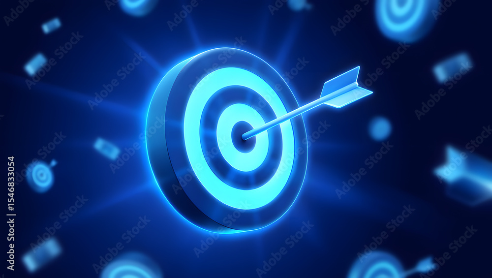 Poster achieving goals a 3d render of a bullseye target with an arrow hitting the center, illuminated with 