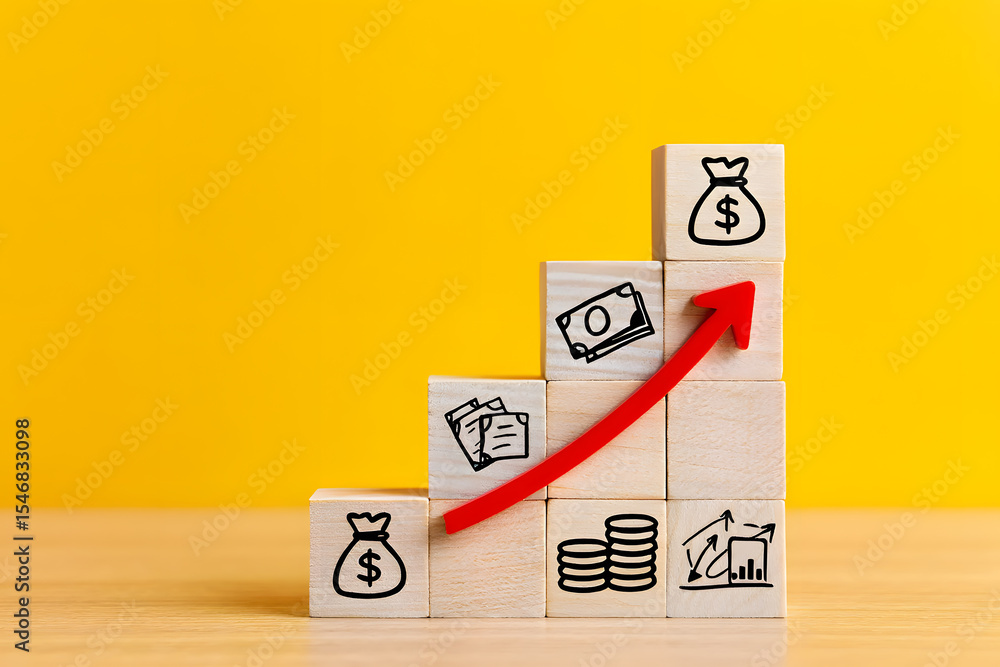 Poster building financial prosperity a conceptual image of wooden blocks stacked to represent growth with m
